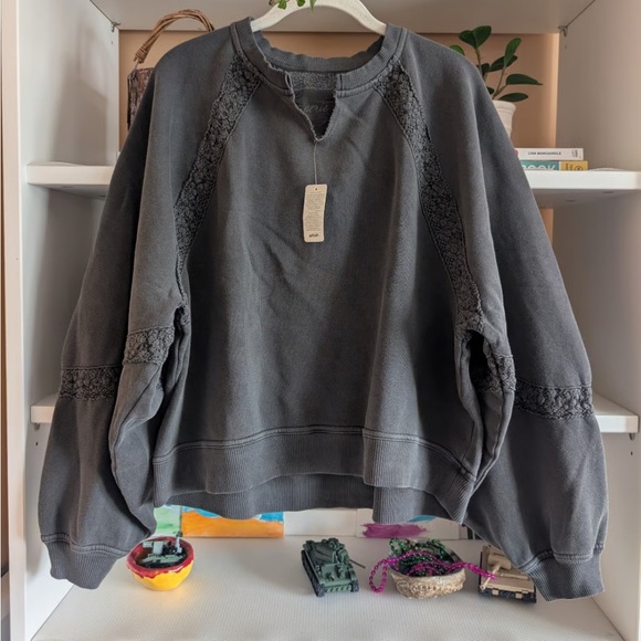 aerie Tops - AERIE HEY CROCHET SWEATSHIRT GREY - S